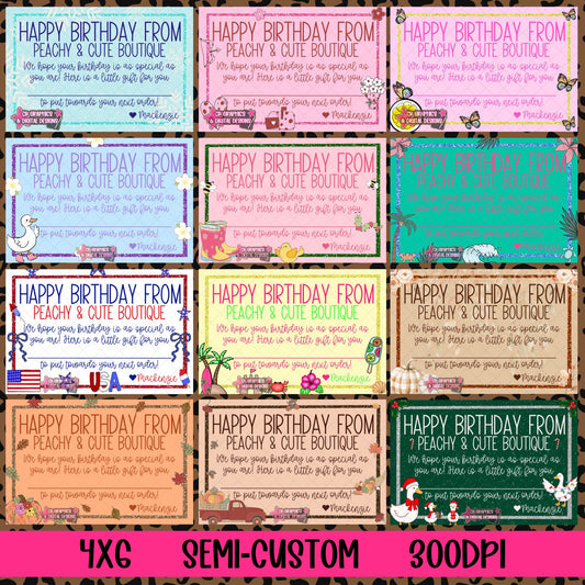 12 Monthly Themed Birthday Cards (semi-custom)